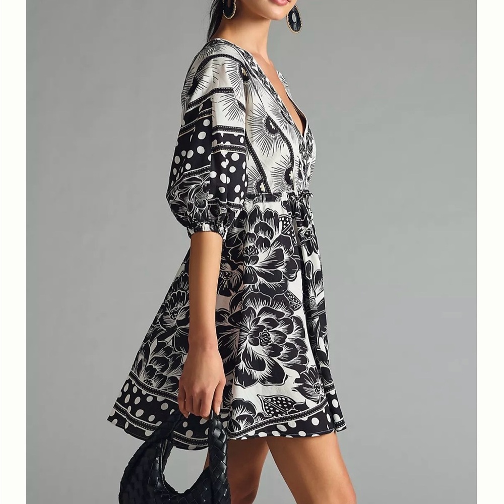 Anthropologie Farm Rio linen Puff-Sleeve Mini Dress adjustable waist Sz S NWT - Picture 3 of 13